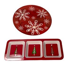 Red & White Melamine Christmas Plate & Divided Tray Set With Snowflakes & Trees